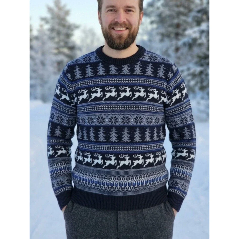 Aspen Men’s Sweater Reindeer Snowflake Fair Isle Gray Blue Christmas Large L